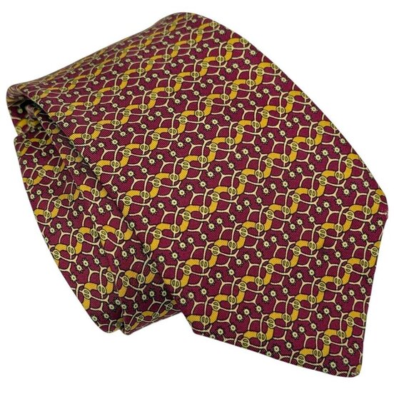 HERMES Mens Necktie Silk Red Yellow Print Made in France Luxury Tie Equestrian - Picture 1 of 10